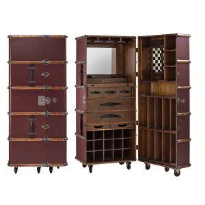 Super-Seat | The Authentic Models 'Pop up' Bar in suitcase wine red | Bar en bois rouge sur roulettes, style valise vintage avec miroir, tiroirs et étagères. | Mobilier de restauration
