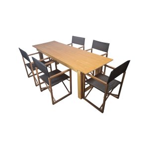 Super-Seat | Ensemble de terrasse | Set : houten tafel 220cm + 5 stoelen, houtframe & donker textiel, op witte achtergrond. | Horecameubilair