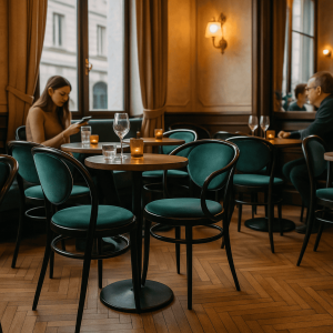 Super-Seat | Jazz Retro Hospitality Café | Velours groene stapelstoelen, ronde tafels met glas en kaars, velvet stoelen bij grote ramen. | Horecameubilair