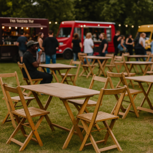 Super-Seat | Buitenfestival Meubilair | Les tablettes en bois et les agrafes en velours mokka restent sur le sol ; les hommes dans les camions de nourriture sur le terrain. | Horecameubilair