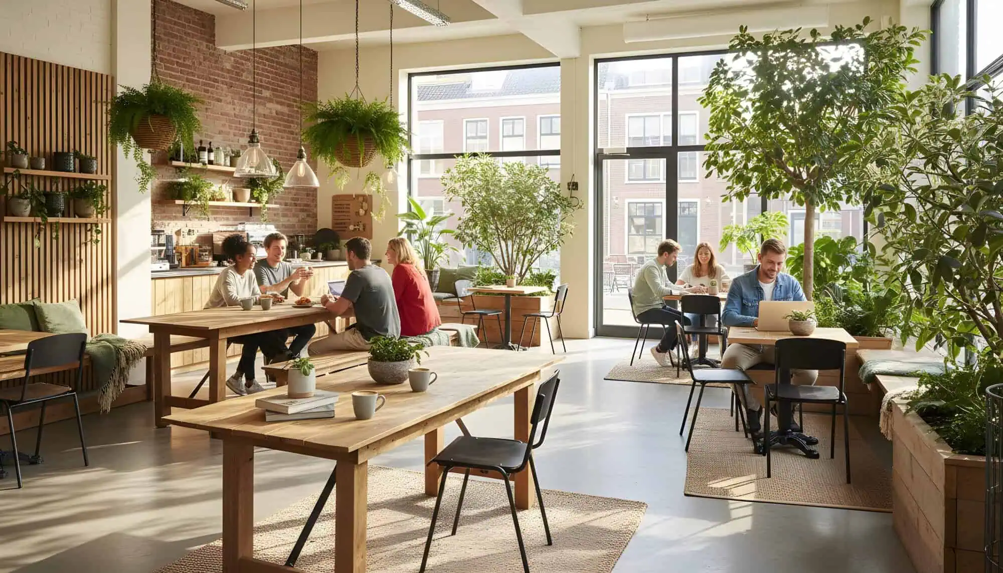 Super-Seat | Intérieur de café moderne Chaises et tables en mélamine de chêne brun, grandes fenêtres et beaucoup de verdure, atmosphère lumineuse et chaleureuse. | Mobilier de restauration