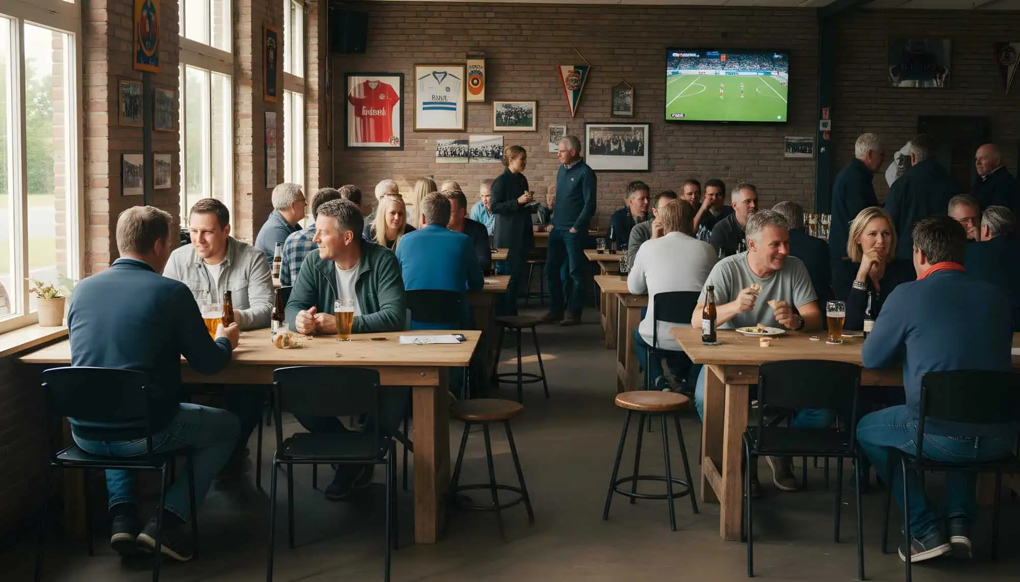 Super-Seat | Tables rondes 67cm en mélaminé chêne brun, chaises en bois ; murs en briques et ambiances sportives. | Mobilier de restauration