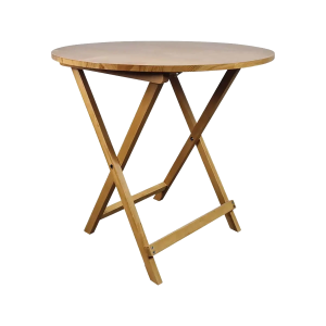 Super-Seat | Table ronde pliante en bois marron clair Table ronde pliante en bois marron clair avec pieds croisés et support, fond blanc. | Mobilier de restauration