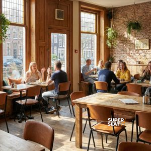 Super-Seat | Chaises en cuir couleur cognac et tables en bois dans un cadre chaleureux, vert et industriel. | Mobilier de restauration