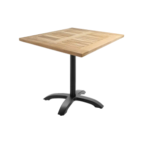 Super-Seat | Table carrée en bois avec sommier à lattes, base en métal noir et quatre pieds courbés, photographiée sur fond blanc. | Mobilier de restauration