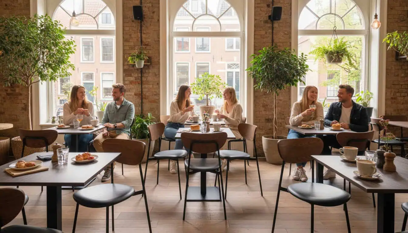 Super-Seat | Plateaux de table en mélamine chêne marron 67x67cm Tables en chêne marron, chaises en métal, grandes fenêtres, murs en briques, plantes vertes. | Mobilier de restauration