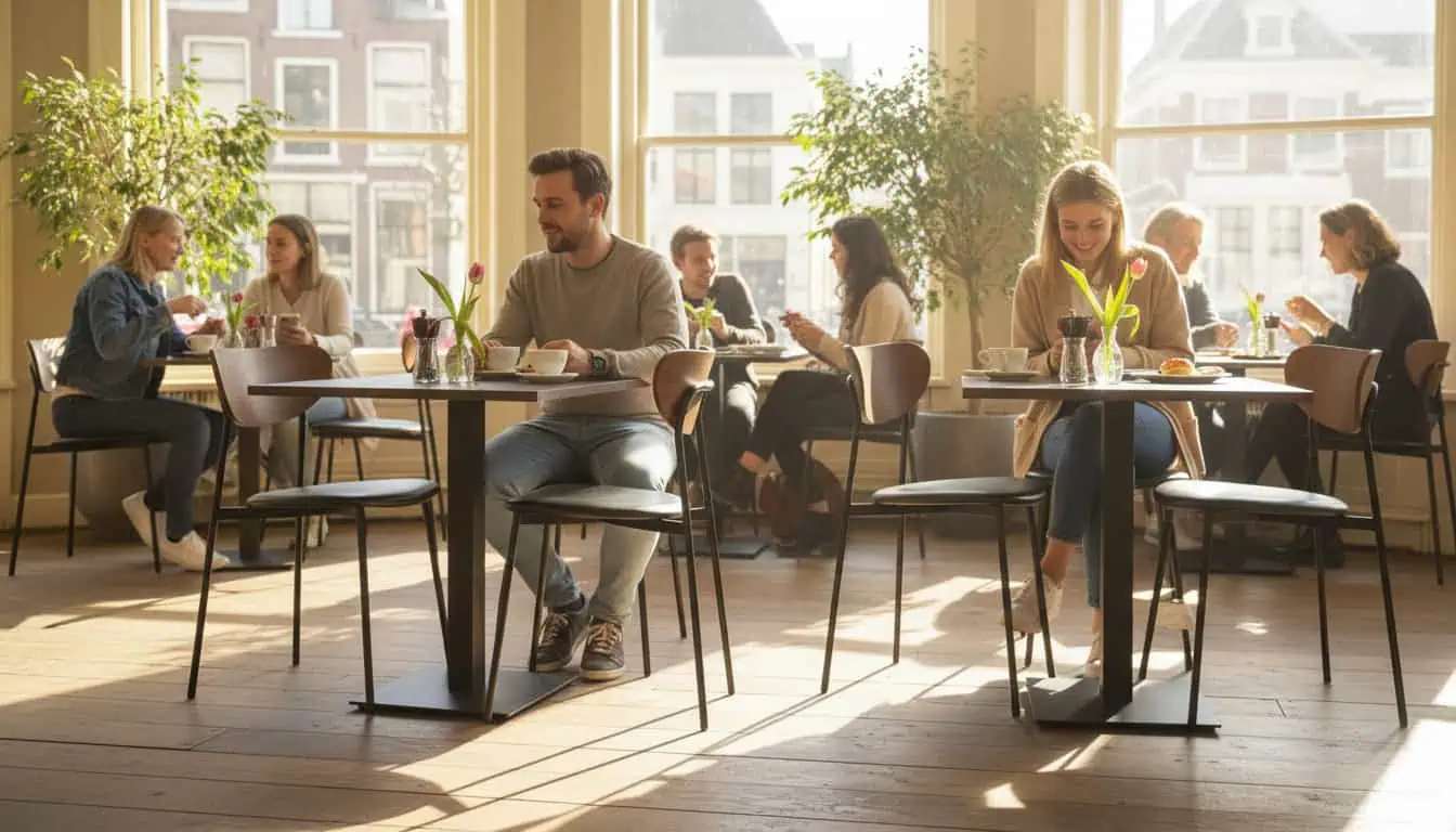 Super-Seat | Plateau de table en mélaminé chêne brun 67x67cm Tables en mélaminé chêne brun, chaises en métal noir, lumière du soleil, plantes vertes. | Mobilier de restauration