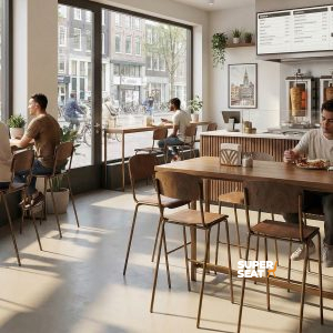 Super-Seat | Tables en bois, tabourets de bar en cuir marron avec cadre en bronze dans un restaurant lumineux avec fenêtres. | Mobilier de restauration