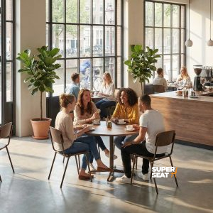 Super-Seat | Quatre personnes sur table ronde avec chaises d'école Vanitas vintage, châssis en bronze brun, bois, intérieur clair, grandes fenêtres |. | Mobilier de restauration