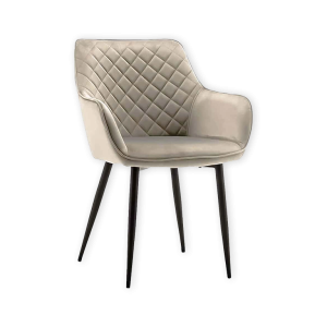 Super-Seat | Chaise moderne avec tissu matelassé, accoudoirs incurvés et pieds fins en métal noir sur fond blanc. | Mobilier de restauration