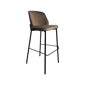 Super-Seat | Maison design chaises velours Mocha Tabouret de bar avec assise en velours moka, tapis incurvé et pieds fins en métal noir avec repose-pieds. | Mobilier de restauration