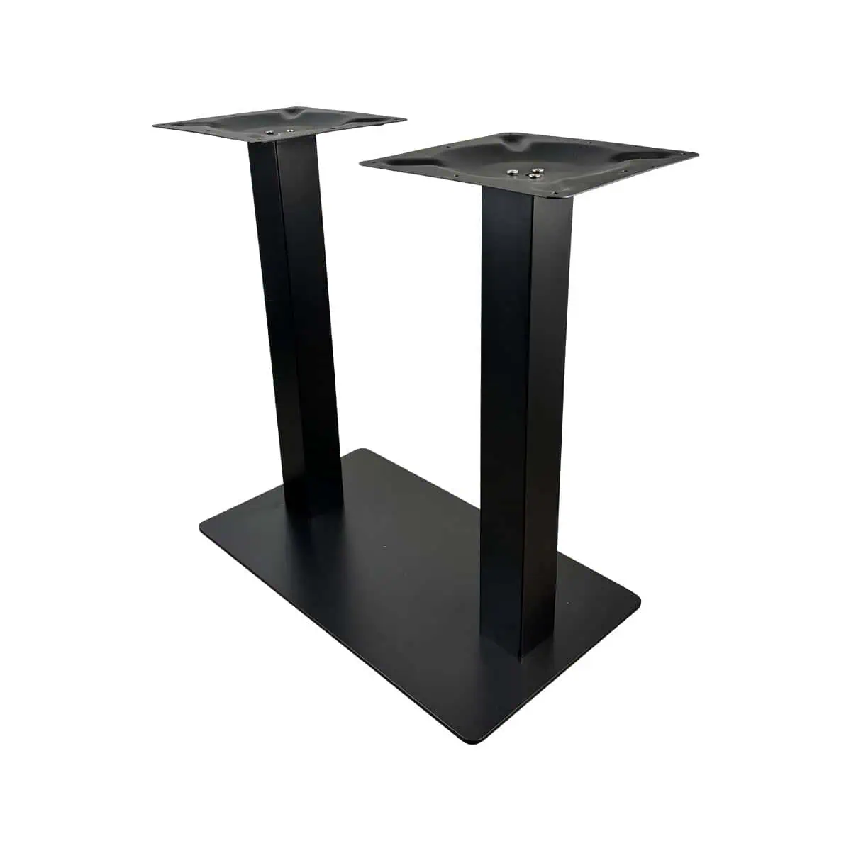 Super-Seat | Zwart gietijzer, dubbel onderstel met rechthoekige bodemplaat, op witte achtergrond. | Horecameubilair