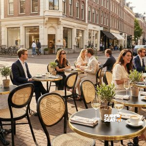 Super-Seat | Hospitality Terrace Tables Black Gold | Chaises et tables en métal noir avec plateau rond en or noir, scène de terrasse, soleil, pavés. | Mobilier de restauration