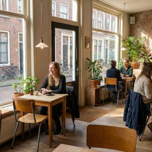 Super-Seat | Ardell vintage wood anthracite school chairs | Tables en bois foncé, chaises en bois anthracite, mur en briques, grandes fenêtres. | Mobilier de restauration