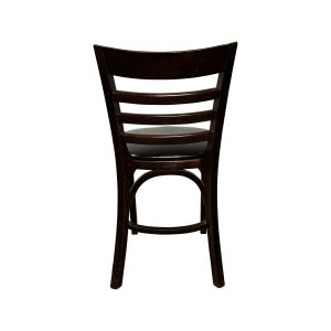 Super-Seat | Chaise de café en bois brun foncé avec dossier en échelle et assise ronde, vue de derrière. | Mobilier de restauration