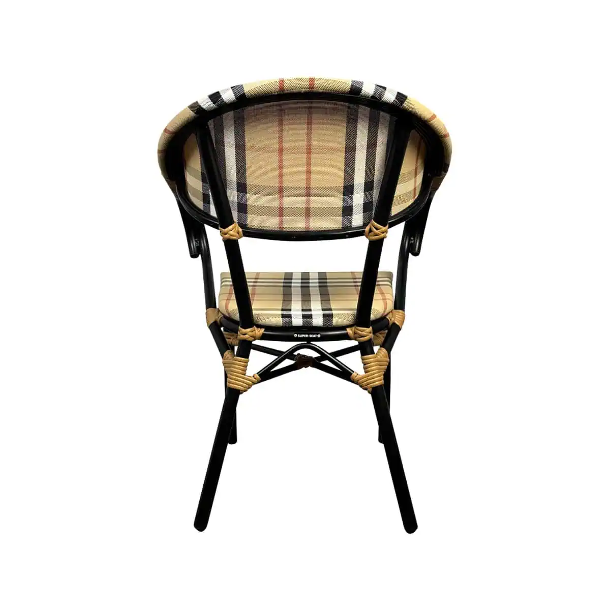 Super-Seat | The Vicktor vintage wooden black metal school chairs | Structure en métal noir, assise/dossier à carreaux beiges, accents en corde jaune. | Mobilier de restauration