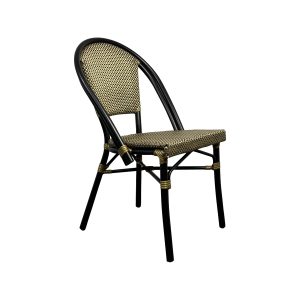 Super-Seat | Chaise en métal noir avec courbes en bois, assise en rotin et accents jaunes. | Mobilier de restauration