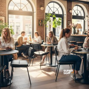 Chaises en cuir noir, tables en bois, lumière du soleil à travers les fenêtres cintrées, plantes et photos dans le café. | Mobilier de restauration