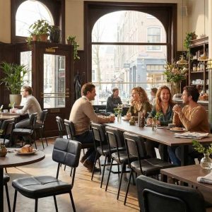 Chaises Super-Seat |Black, tables en mélamine Urban brass avec piétements, plancher en bois, verrerie, beaucoup de fenêtres et de verdure. | Mobilier de restauration