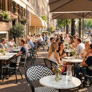 Super-Seat | Tables en bois, chaises en rotin et en métal en noir et blanc au bord du canal avec des parasols blancs. | Mobilier de restauration