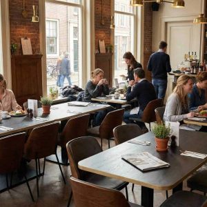 Super-Seat |Tables d'accueil Urban melamine brass 67x67cm |Tables en laiton doré avec piétements noirs, chaises modernes, mur en briques, grandes fenêtres. | Mobilier de restauration