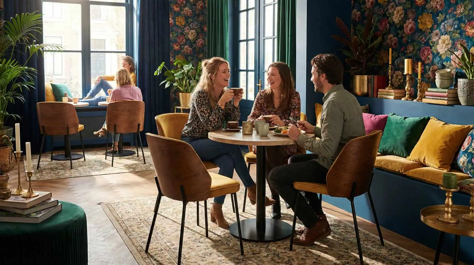 New York chaises design en bois avec revêtement en velours ocre