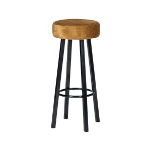 Super-Seat | Tabouret de bar en métal noir, repose-pieds rond, assise en velours vert, fond blanc. | Mobilier de restauration