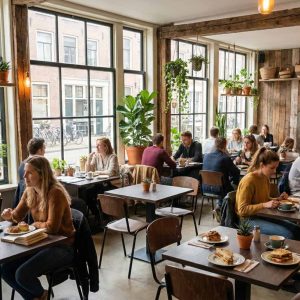 Super-Seat | Tables et chaises d'accueil Tables en mélamine Gold Urban, chaises en bois et logo Super Seat dans un espace café vert et lumineux. | Mobilier de restauration