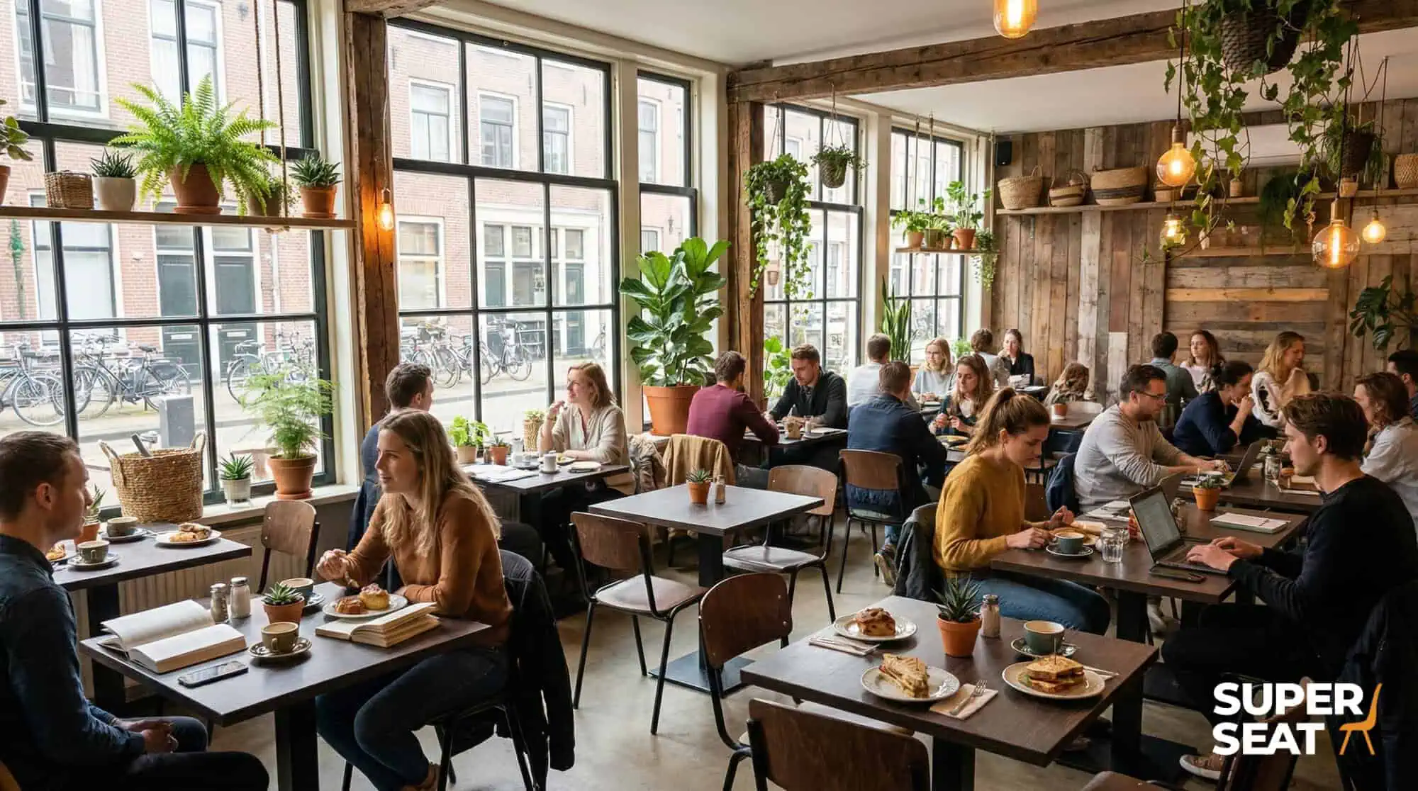 Super-Seat | Tables et chaises d'accueil Tables en mélamine Gold Urban, chaises en bois et logo Super Seat dans un espace café vert et lumineux. | Mobilier de restauration