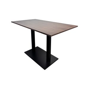 Super-Seat | Table rectangulaire, plateau en bois foncé, pieds en métal noir sur base rectangulaire noire, design épuré. | Mobilier de restauration