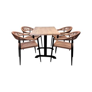 Super-Seat | Ensemble table à manger moderne | Table rectangulaire en bois avec pieds en métal noir et quatre chaises en osier avec pieds noirs. | Mobilier de restauration