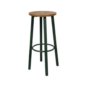 Super-Seat | Tabouret de bar minimaliste avec assise ronde en bois, pieds en métal vert foncé et repose-pieds en métal. | Mobilier de restauration