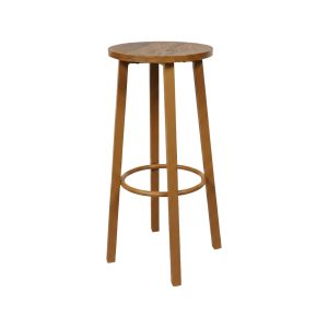 Super-Seat |Barkstools Tabouret de bar en bois avec assise ronde, trois pieds angulaires et repose-pieds circulaire, sur fond blanc. | Mobilier de restauration