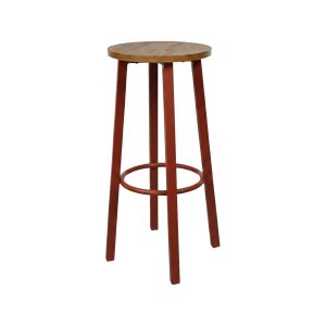Super-Seat | Tabourets de bar et tables Tabouret de bar avec siège en bois, pieds en métal rouge, repose-pieds rond en métal ; fond blanc. | Mobilier de restauration