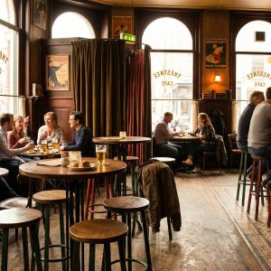 Super-Seat | Café Interior Tables, chaises et tabourets de bar en bois. Lumière grâce aux grandes fenêtres. Ambiance vintage. | Mobilier de restauration