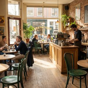 Super-Seat | Tables en bois, chaises en bois vertes, murs en briques et sol en bois dans un café. | Mobilier de restauration