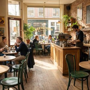Super-Seat | Tables en bois, chaises en bois vertes, murs en briques et sol en bois dans un café. | Mobilier de restauration
