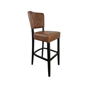 Super-Seat | Chaise en cuir couleur cognac avec pieds en bois noir, tapis et repose-pieds rembourrés, fond blanc. | Mobilier de restauration