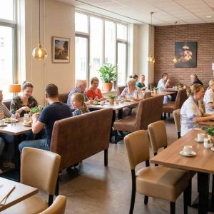 Super-Seat | Tables en bois, chaises en métal avec revêtement bleu, tabourets en écorce noire ; mur en briques et grandes fenêtres. | Mobilier de restauration