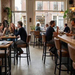 Super-Seat | Chaises en bois, tabourets de bar en métal, tables légères et plantes contre des murs en briques. | Mobilier de restauration