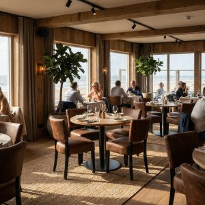 Super-Seat | Un restaurant avec des murs en bois et de grandes fenêtres. Chaises et tables en bois, tabourets de bar en métal ; beaucoup de lumière, des plantes. | Mobilier de restauration