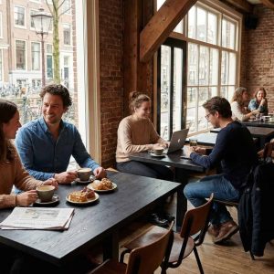 Super-Seat | Tables, chaises et tabourets de bar en bois ; matériaux en bois et en métal, tons chauds, grandes fenêtres. | Mobilier de restauration