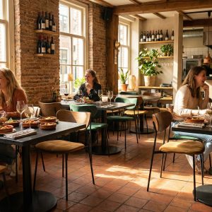 Super-Seat | Intérieur de restaurant Tables en bois, chaises noires, tabourets de bar en métal et tables de pique-nique entre les murs de briques et les fenêtres. | Mobilier de restauration