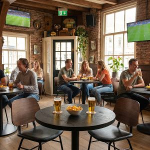 Super-Seat | Tables en bois, chaises en métal et en cuir, tabourets de bar ; verre de bière et frites. Lumière grâce aux grandes fenêtres. | Mobilier de restauration
