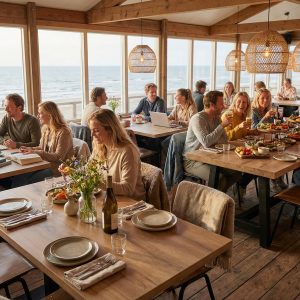 Super-Seat | Tables, chaises et tabourets de bar en bois, marron et blanc, avec vue sur la mer grâce à de grandes fenêtres. | Mobilier de restauration