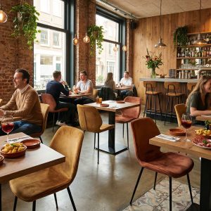 Super-Seat |Intérieur d'un restaurant moderne Chaises grises, tables en bois, tabourets de bar ; murs en briques, beaucoup de lumière et de plantes suspendues. | Mobilier de restauration