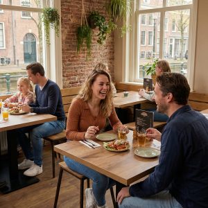 Super-Seat | Tables et chaises en bois, tabourets de bar sombres, chaises claires près du mur de briques et des fenêtres. | Mobilier de restauration
