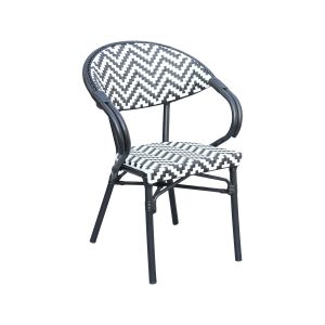 Super-Seat |Chaise en métal noir avec dossier rond, assise et dossier tissés en zigzag noir et blanc, fond blanc. | Mobilier de restauration
