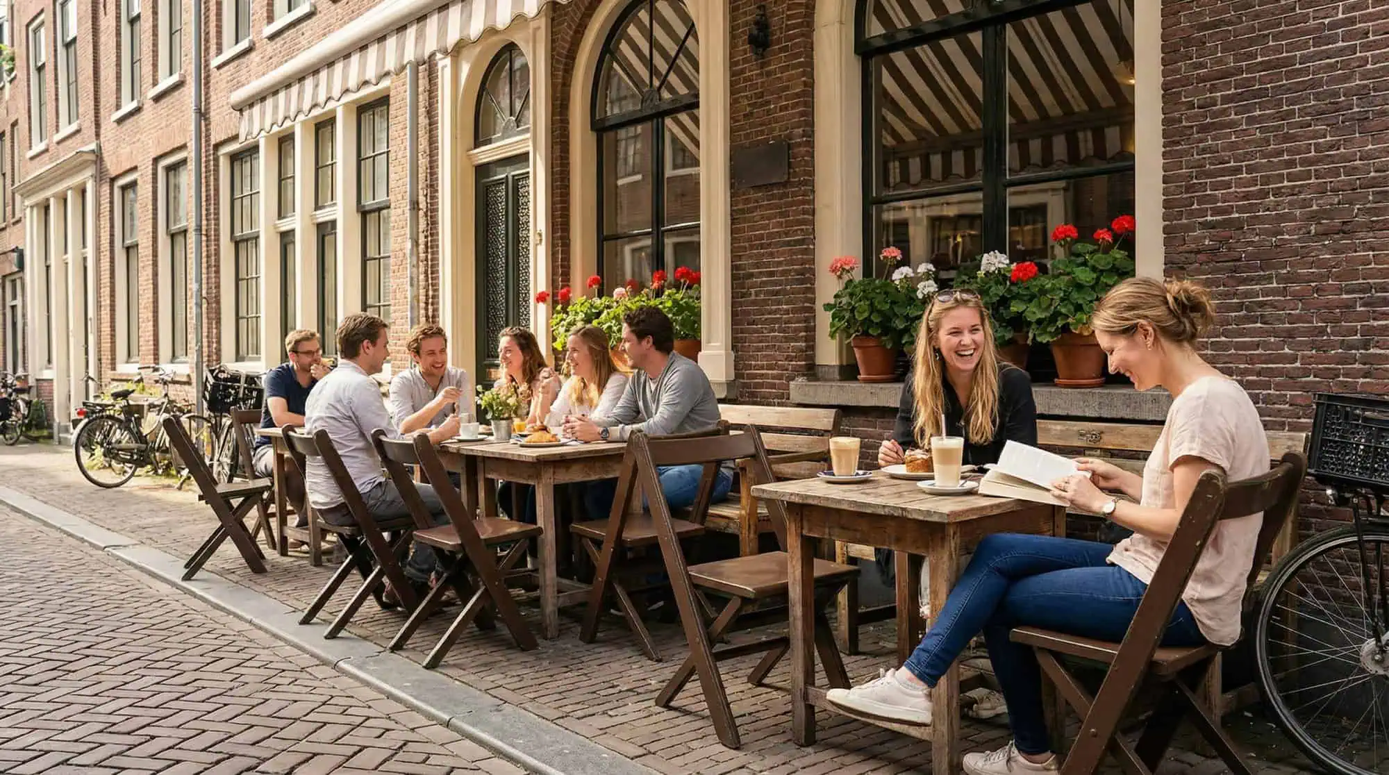 Super-Seat | Marais chaises pliantes en bois vintage Chaises pliantes en bois marron et tables à l'extérieur d'un café ; femmes lisant, riant. | Mobilier de restauration