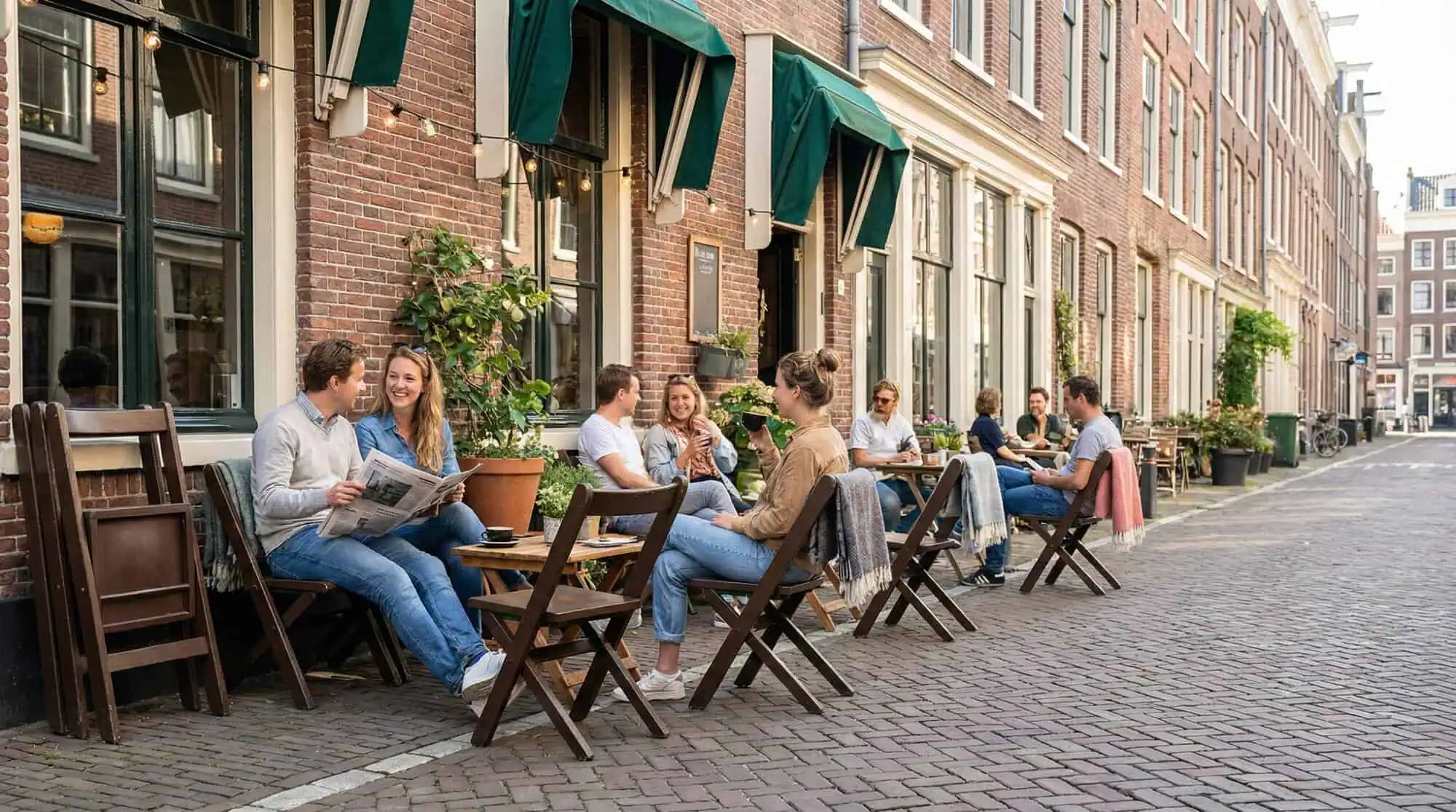 Super-Seat | Chaises et tables pliantes en bois brun sur une terrasse en pierre devant un café aux auvents verts. | Mobilier de restauration